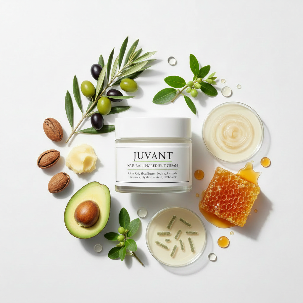 Juvant Natural Ingredient Cream with olive oil, shea butter, jojoba oil, beeswax, avocado oil, hyaluronic acid, and lactobacillus probiotic lysate